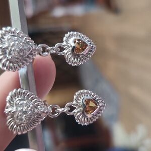 JUDITH RIPKA STERLING SILVER CZ & CITRINE HEART DANGLE/DROP EARRINGS
